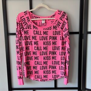 [M] PINK Vintage Bright Pink Logo Graphic Long Sleeve Waffle PJ Top Women’s